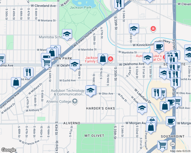 map of restaurants, bars, coffee shops, grocery stores, and more near 3164 South 38th Street in Milwaukee