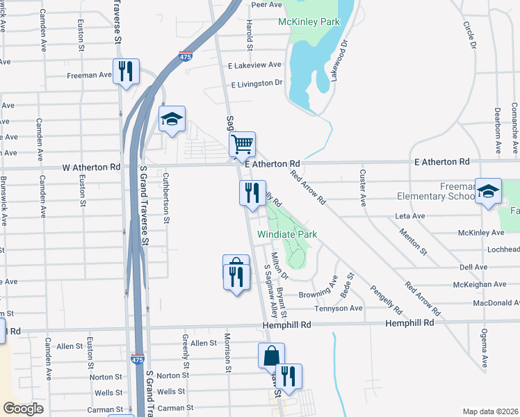 map of restaurants, bars, coffee shops, grocery stores, and more near 4010 Milton Drive in Flint