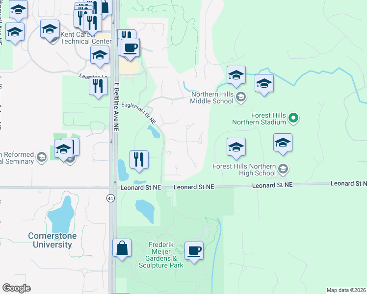 map of restaurants, bars, coffee shops, grocery stores, and more near 1419 Suncrest Drive Northeast in Grand Rapids