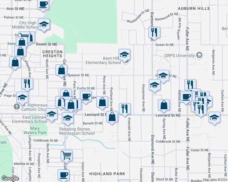 map of restaurants, bars, coffee shops, grocery stores, and more near 1322 Portland Avenue Northeast in Grand Rapids