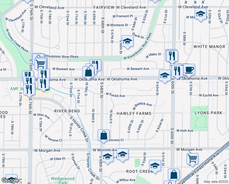 map of restaurants, bars, coffee shops, grocery stores, and more near 3160 South 67th Court in Milwaukee