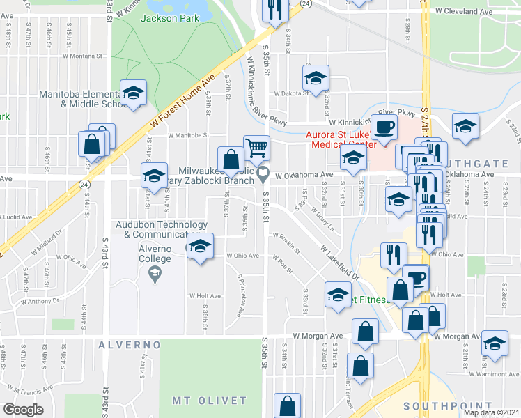 map of restaurants, bars, coffee shops, grocery stores, and more near 3167 South 35th Street in Milwaukee