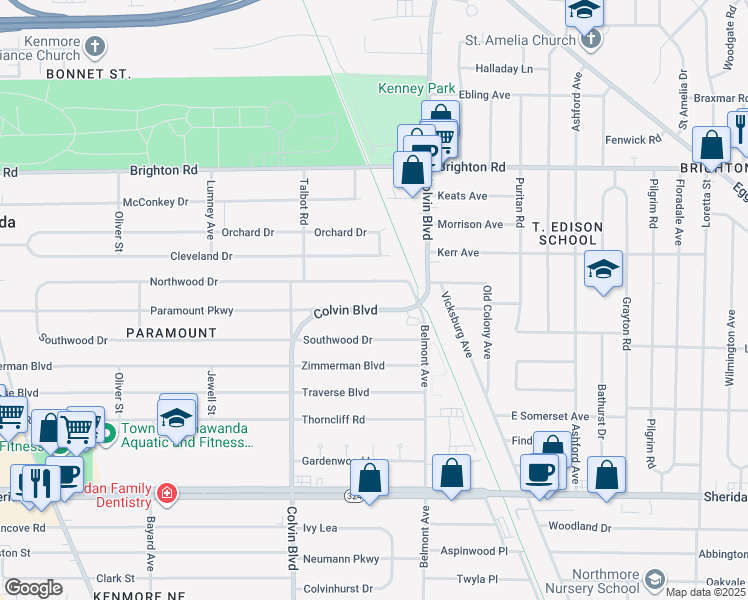 map of restaurants, bars, coffee shops, grocery stores, and more near 1738 Colvin Blvd in Buffalo