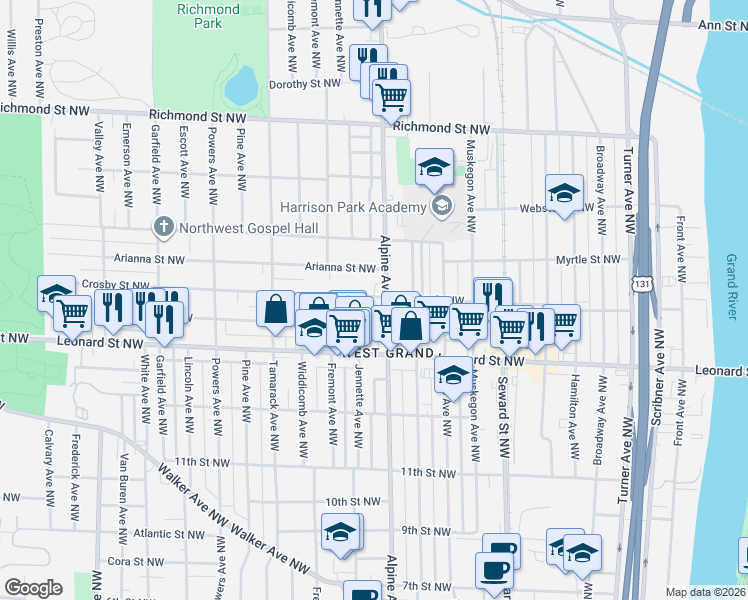 map of restaurants, bars, coffee shops, grocery stores, and more near 886 Broadway Avenue Northwest in Grand Rapids