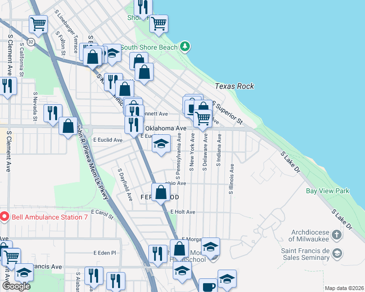 map of restaurants, bars, coffee shops, grocery stores, and more near 3148 South Pennsylvania Avenue in Milwaukee