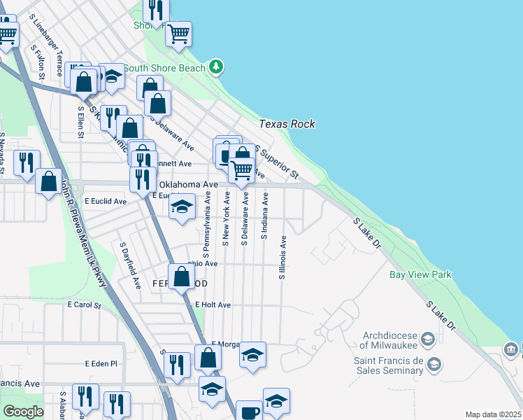 map of restaurants, bars, coffee shops, grocery stores, and more near 3147 South Indiana Avenue in Milwaukee