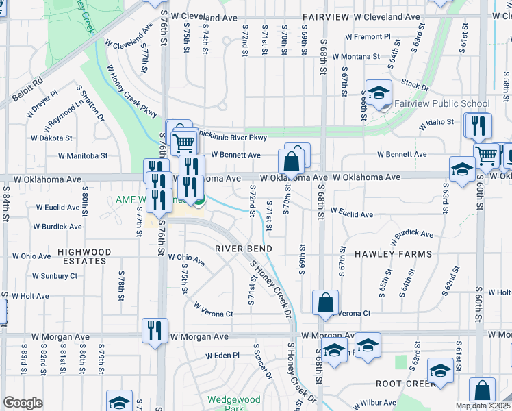 map of restaurants, bars, coffee shops, grocery stores, and more near 3162 South 72nd Street in Milwaukee
