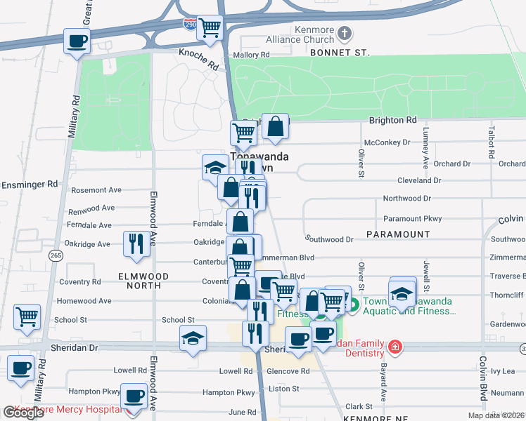 map of restaurants, bars, coffee shops, grocery stores, and more near 940 Delaware Road in Buffalo
