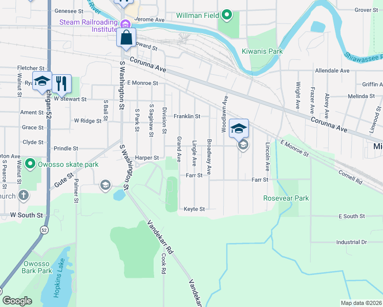map of restaurants, bars, coffee shops, grocery stores, and more near 826 Lingle Avenue in Owosso