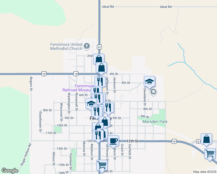 map of restaurants, bars, coffee shops, grocery stores, and more near 555 Jefferson Street in Fennimore