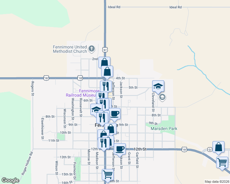 map of restaurants, bars, coffee shops, grocery stores, and more near 555 Jefferson Street in Fennimore