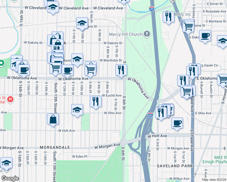 map of restaurants, bars, coffee shops, grocery stores, and more near 3156 South 8th Street in Milwaukee
