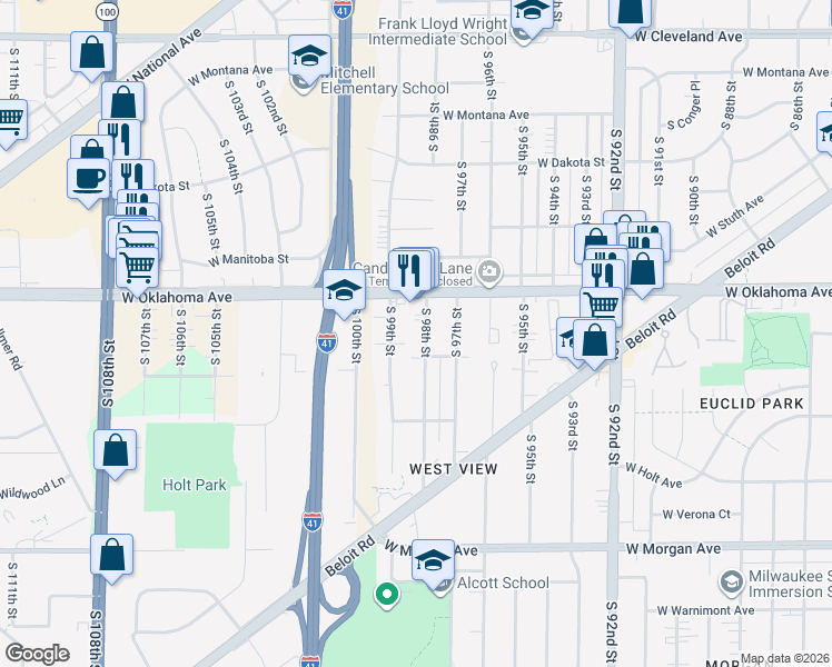 map of restaurants, bars, coffee shops, grocery stores, and more near 3147 South 98th Street in Milwaukee