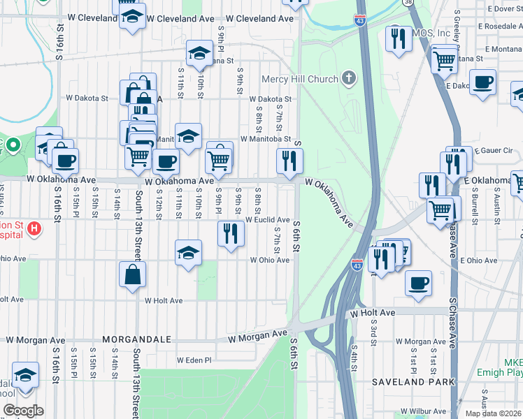 map of restaurants, bars, coffee shops, grocery stores, and more near 3156 South 8th Street in Milwaukee