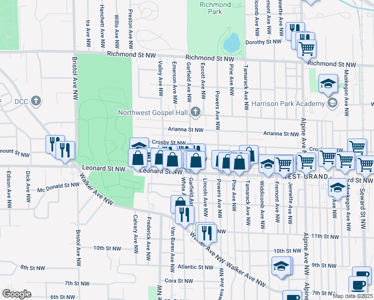 map of restaurants, bars, coffee shops, grocery stores, and more near 1249 Garfield Avenue Northwest in Grand Rapids