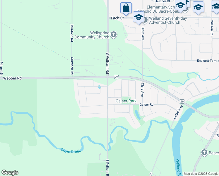 map of restaurants, bars, coffee shops, grocery stores, and more near 284 South Pelham Road in Welland