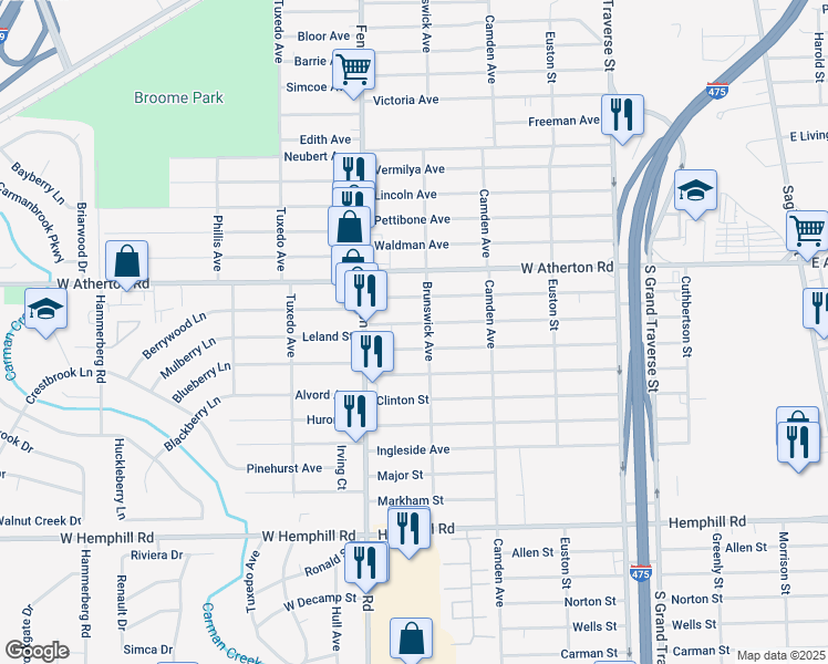map of restaurants, bars, coffee shops, grocery stores, and more near 911 Leland Street in Flint