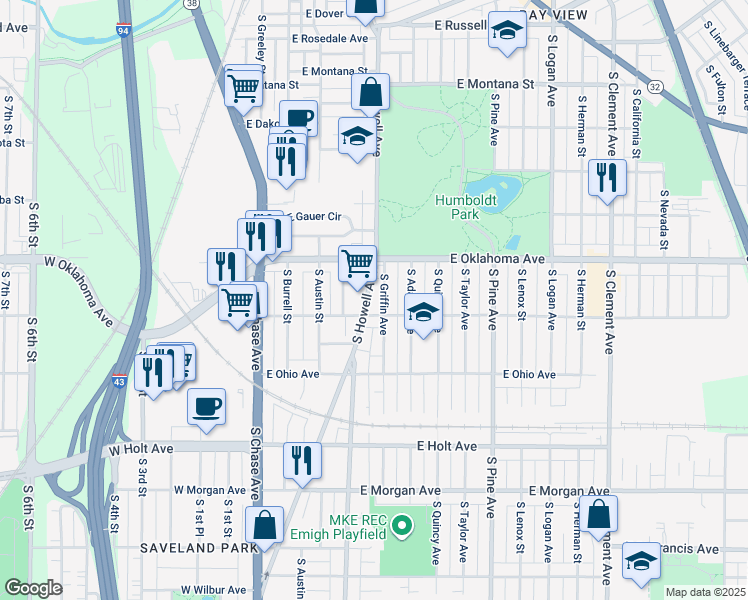 map of restaurants, bars, coffee shops, grocery stores, and more near 3158 South Howell Avenue in Milwaukee