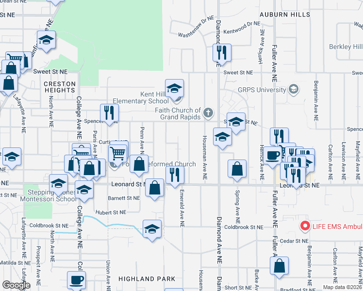 map of restaurants, bars, coffee shops, grocery stores, and more near 1336 Northfield Avenue Northeast in Grand Rapids