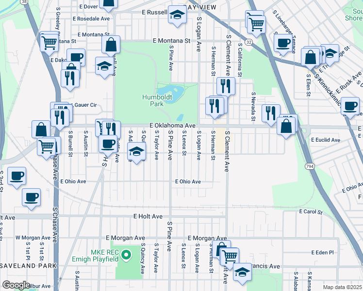 map of restaurants, bars, coffee shops, grocery stores, and more near 3157 South Lenox Street in Milwaukee