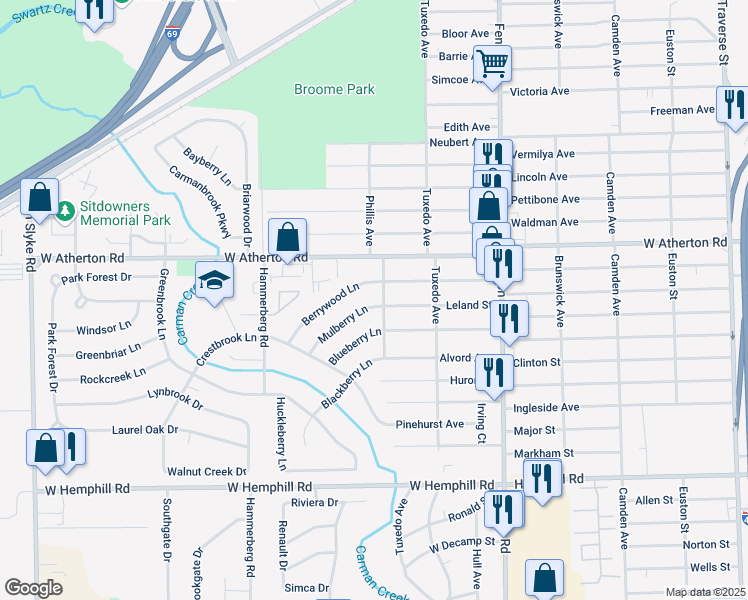 map of restaurants, bars, coffee shops, grocery stores, and more near 1406 Mulberry Lane in Flint