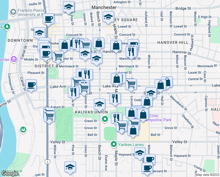 map of restaurants, bars, coffee shops, grocery stores, and more near 285 Lake Avenue in Manchester