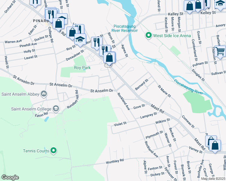 map of restaurants, bars, coffee shops, grocery stores, and more near 62 College Avenue in Manchester