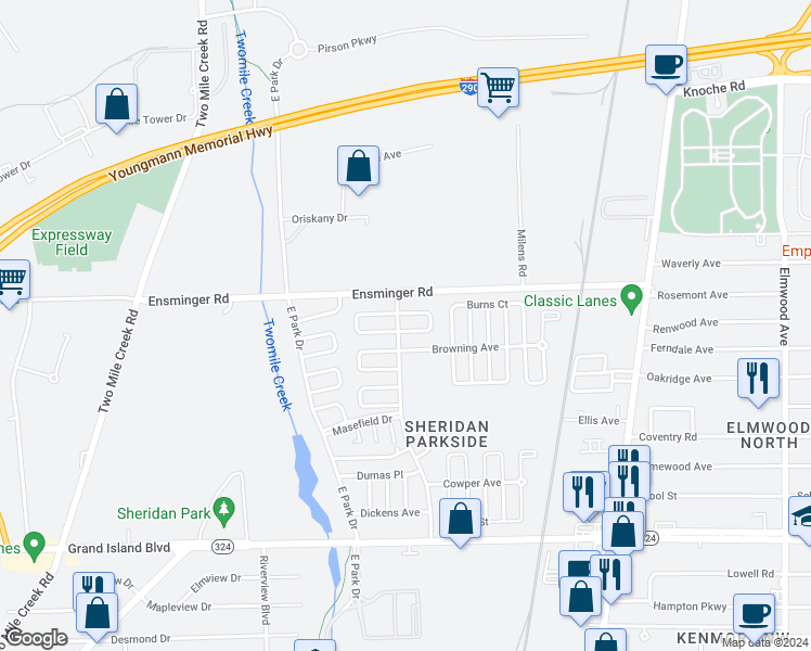 map of restaurants, bars, coffee shops, grocery stores, and more near in Erie County