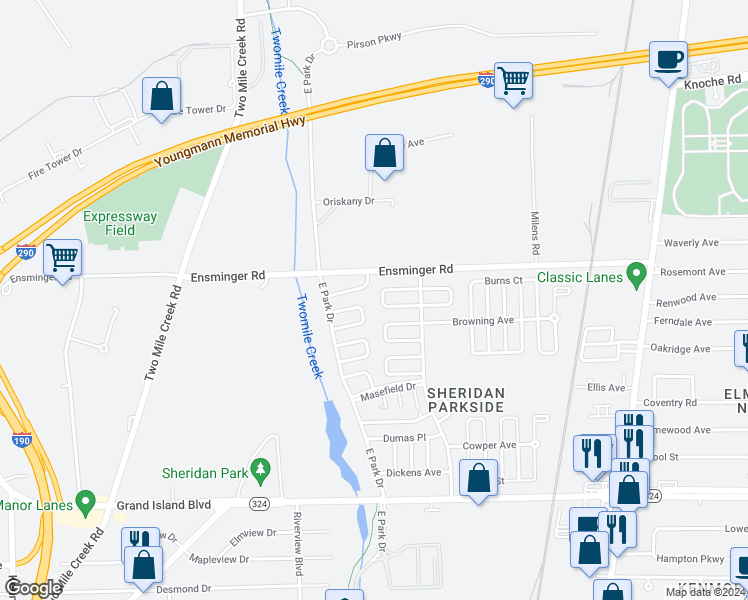 map of restaurants, bars, coffee shops, grocery stores, and more near 55 Longfellow Court in Tonawanda
