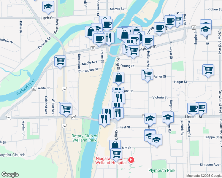 map of restaurants, bars, coffee shops, grocery stores, and more near in Welland