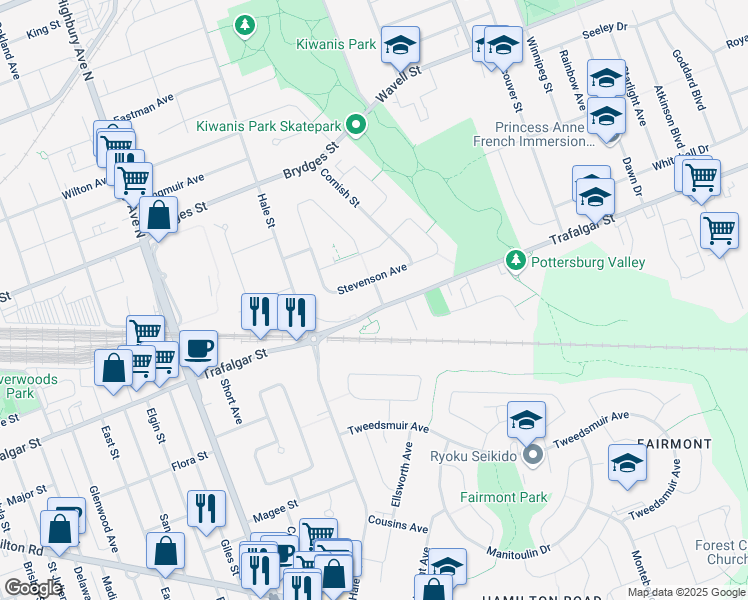 map of restaurants, bars, coffee shops, grocery stores, and more near 1428 Trafalgar Street in London