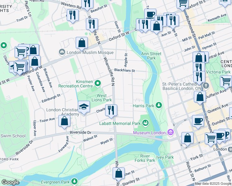 map of restaurants, bars, coffee shops, grocery stores, and more near 129 Wharncliffe Road North in London