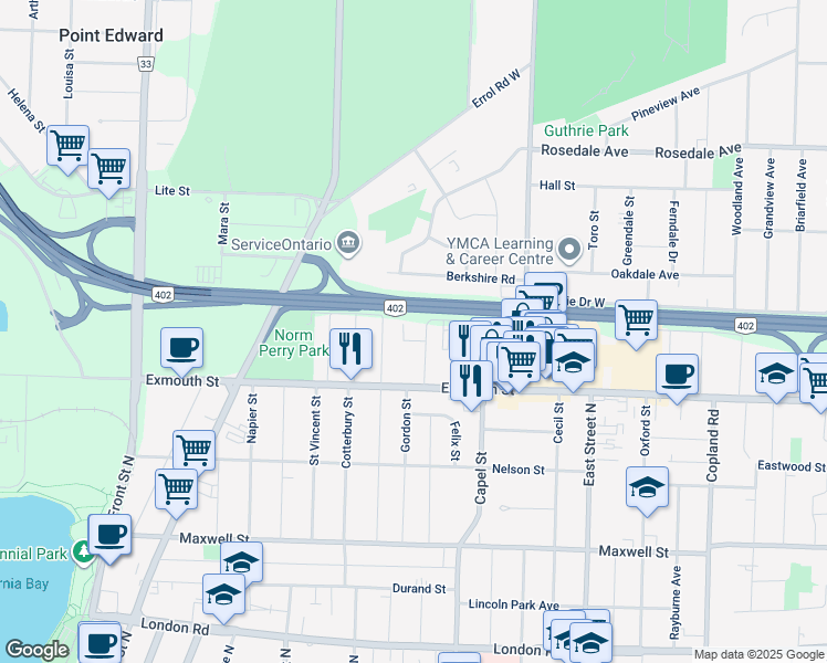 map of restaurants, bars, coffee shops, grocery stores, and more near 354 Collingwood Street in Sarnia
