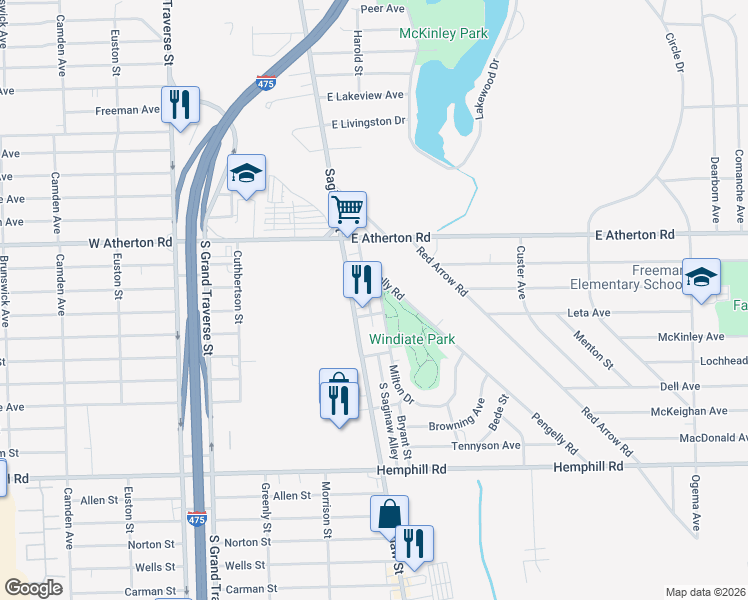 map of restaurants, bars, coffee shops, grocery stores, and more near 4010 Milton Drive in Flint