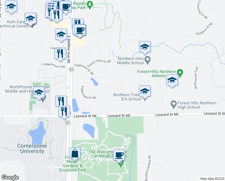 map of restaurants, bars, coffee shops, grocery stores, and more near 1336 Suncrest Drive Northeast in Grand Rapids