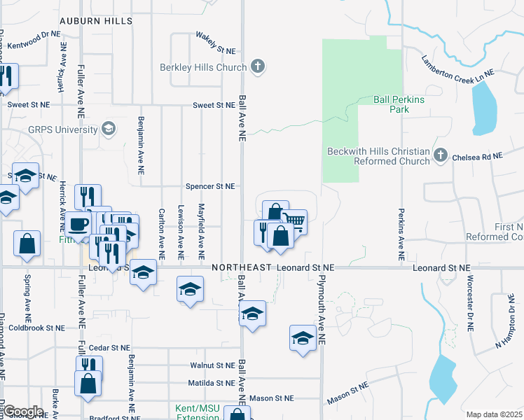 map of restaurants, bars, coffee shops, grocery stores, and more near 1700 North Greenfield Circle Northeast in Grand Rapids