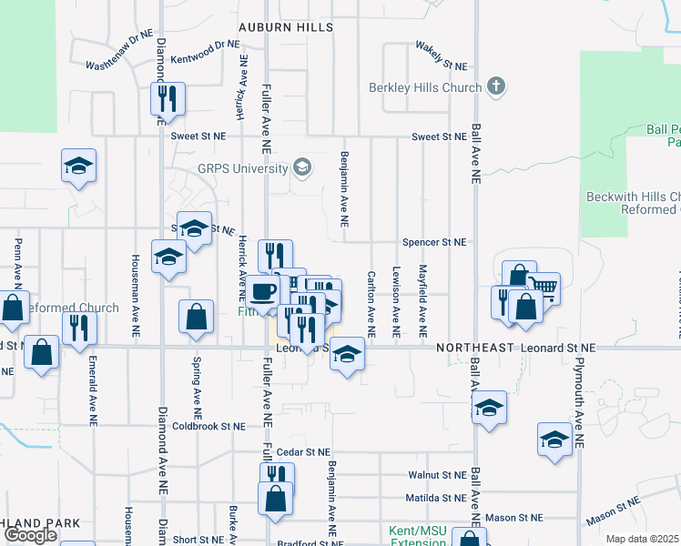 map of restaurants, bars, coffee shops, grocery stores, and more near 1319 Leonard Street Northeast in Grand Rapids