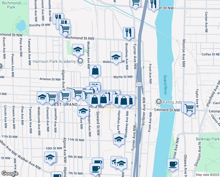 map of restaurants, bars, coffee shops, grocery stores, and more near 533 Crosby Street Northwest in Grand Rapids