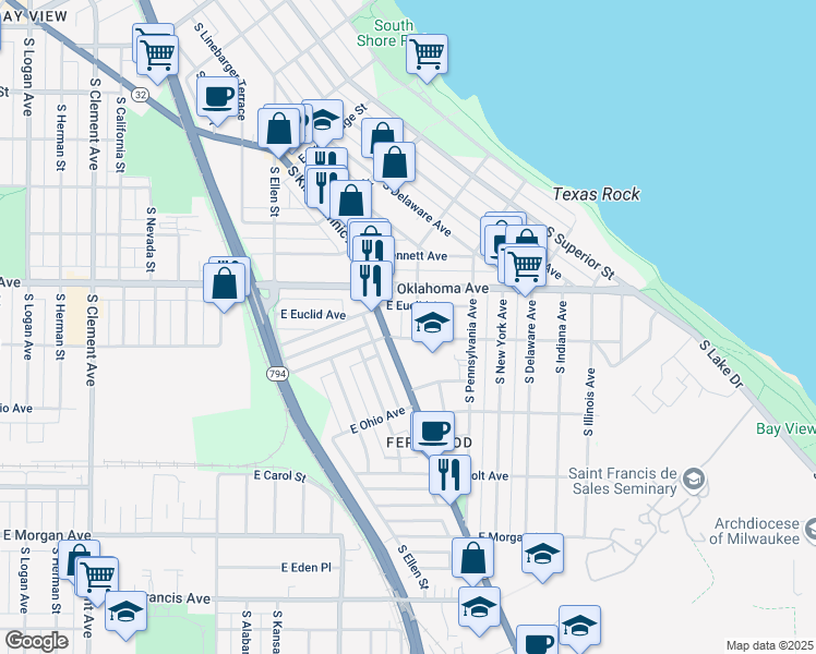 map of restaurants, bars, coffee shops, grocery stores, and more near 3151 South Mabbett Avenue in Milwaukee