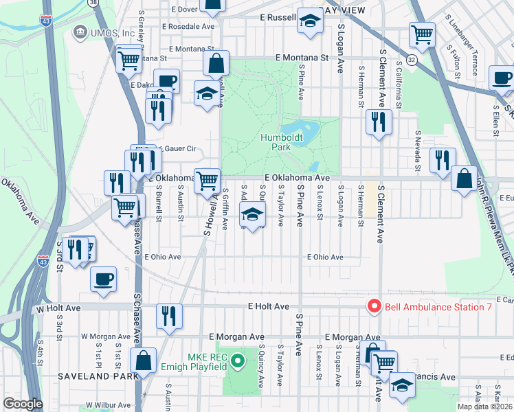 map of restaurants, bars, coffee shops, grocery stores, and more near 3156 South Quincy Avenue in Milwaukee