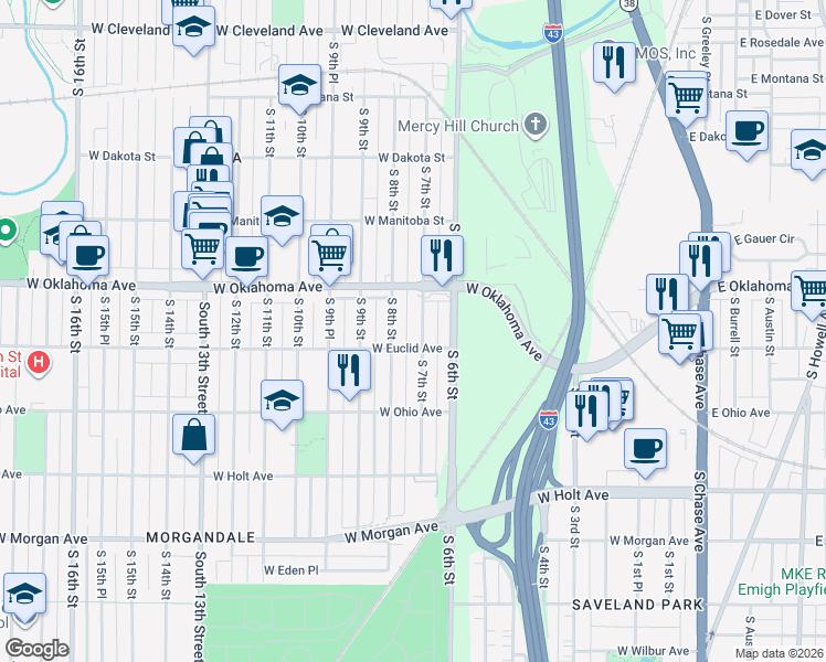 map of restaurants, bars, coffee shops, grocery stores, and more near 3156 South 8th Street in Milwaukee