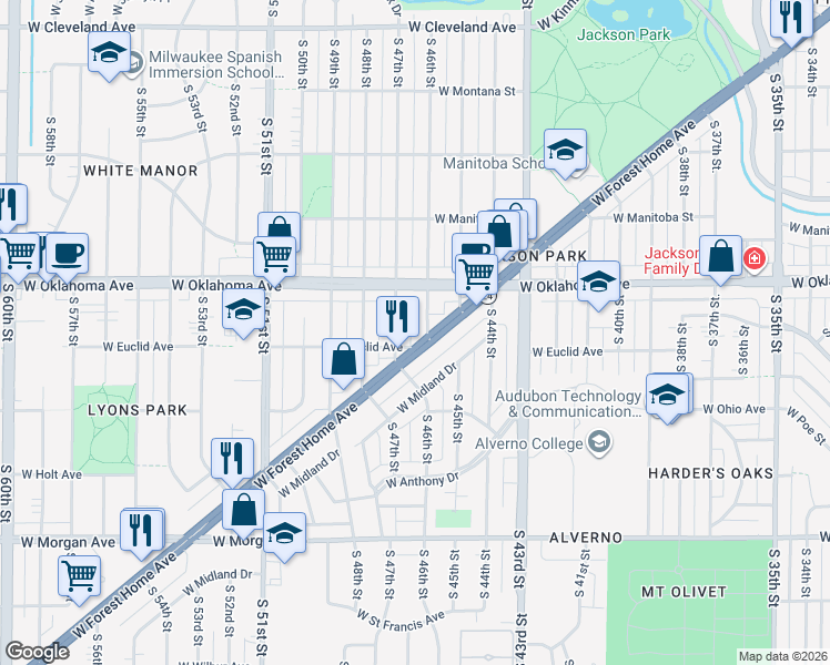 map of restaurants, bars, coffee shops, grocery stores, and more near 4600 West Forest Home Avenue in Milwaukee