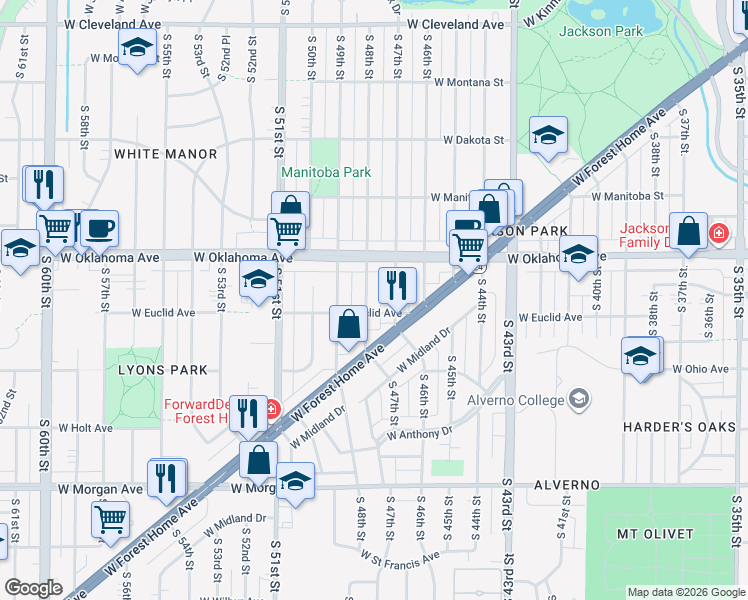 map of restaurants, bars, coffee shops, grocery stores, and more near 3157 South 47th Street in Milwaukee
