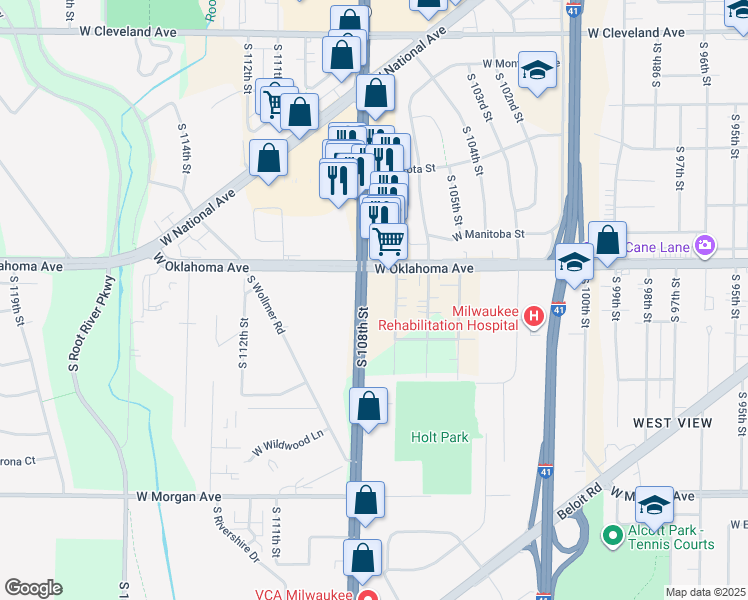 map of restaurants, bars, coffee shops, grocery stores, and more near 3130-3190 S 108th St in West Allis