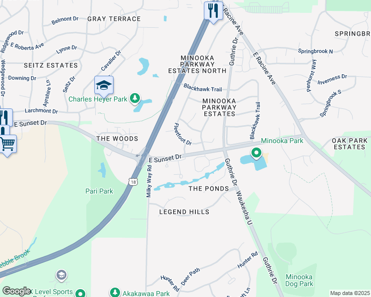 map of restaurants, bars, coffee shops, grocery stores, and more near 1312 Navajo Lane in Waukesha