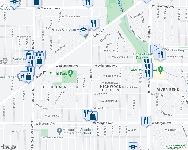 map of restaurants, bars, coffee shops, grocery stores, and more near 3150 South 84th Street in Milwaukee