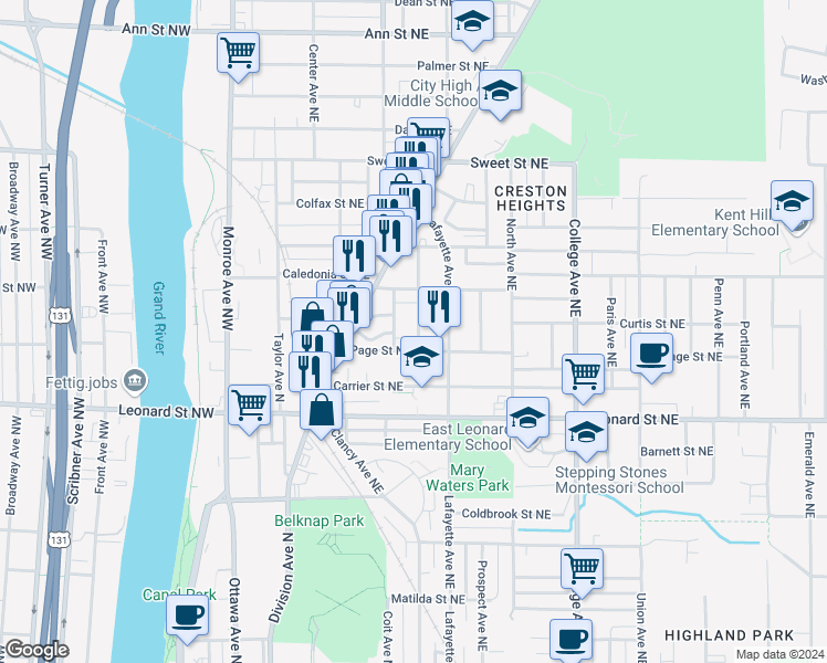 map of restaurants, bars, coffee shops, grocery stores, and more near 1319 Buffalo Avenue Northeast in Grand Rapids