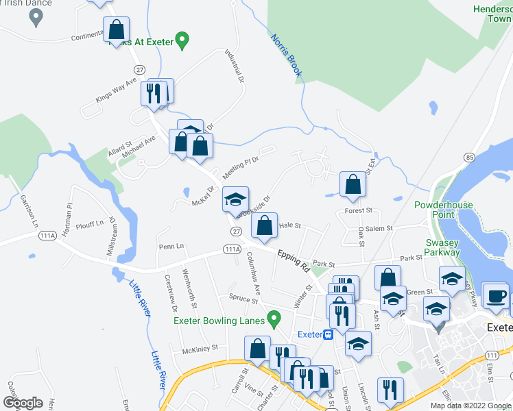 map of restaurants, bars, coffee shops, grocery stores, and more near 1 Brookside Drive in Exeter