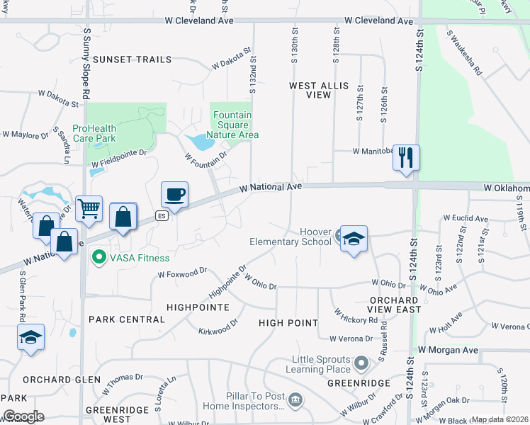 map of restaurants, bars, coffee shops, grocery stores, and more near 3205 South Ridge Crest Court in New Berlin