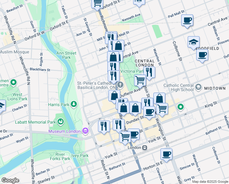 map of restaurants, bars, coffee shops, grocery stores, and more near in London